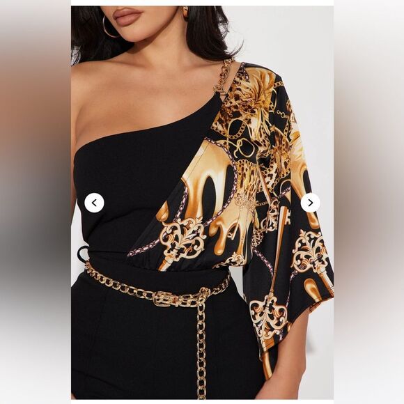 NWT - Fashion Nova Vivian One-Shoulder Jumpsuit - Black/combo - Size 2 - Picture 3 of 8